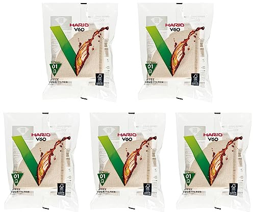 Hario V60 Coffee Paper Filters Unbleached Natural Color Size 01 (up to 2 cups) 100-Count, 5-Pack Set (Total of 500 Sheets) Made in Japan
