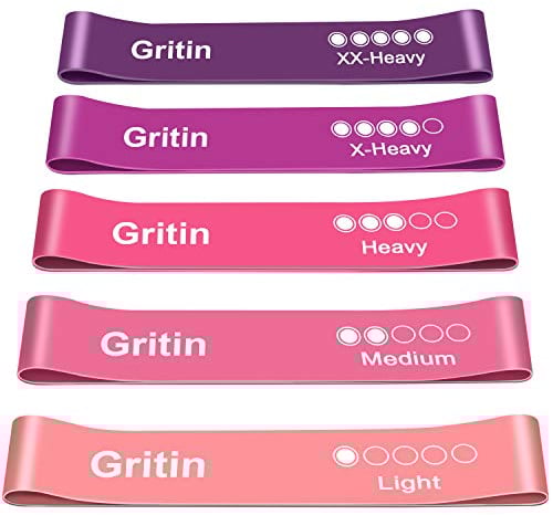 Gritin Theraband [5er Set] Fitnessband Resistance Terra Bands 100% Latex Widerstandsbänder mit Deutscher Übungsanleitung & Tragebeutel, Gymnastikband für Muskelaufbau, Yoga, Pilates, Physiotherapie