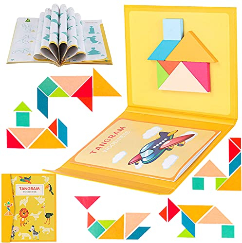 NiC IS COCNG Geometrie Spiele Musterblöcke,Reise Tangram Puzzle,Tangram Magnetisch Puzzle Buch 96 Möglichkeiten zu Spielen Trainiere Das Gehirn,Tangram Holzpuzzles für Kinder und Erwachsene