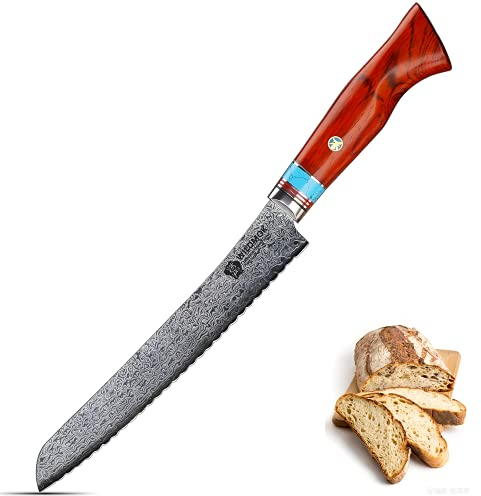 WILDMOK Coltello da pane seghettato da 20,7 cm - 67 strati in acciaio Damasco - Coltelli da torta resistenti alle macchie e alla corrosione