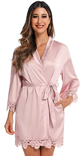 RSLOVE Peignoir Satin Femme Kimono Bridesmaid Peignoir Mariage Kimono Robe de Chambre Femme Rose L