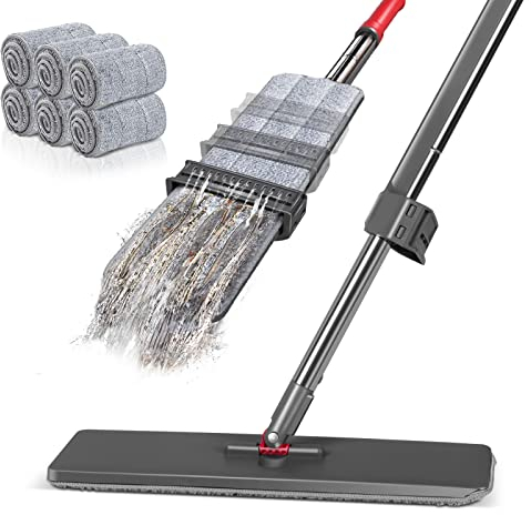 Myiosus Mocio auto strizzante in microfibra, con 6 panni lavabili riutilizzabili e manico in acciaio inox da 130 cm, per pulire la polvere e bagnare le pareti