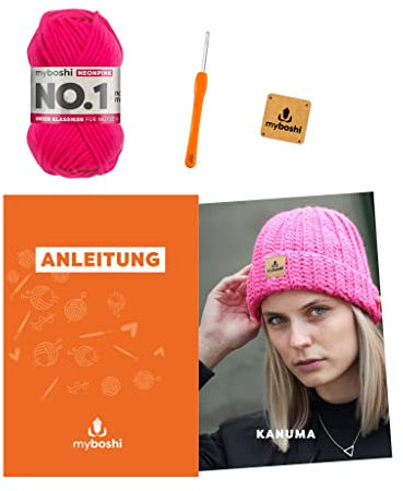 myboshi Häkelset Wintermütze Kanuma, inkl. No.1 Wolle, Nadel und Anleitung, Häkelpaket für Anfänger, 30% Merinowolle Neonpink, mit Häkelnadel
