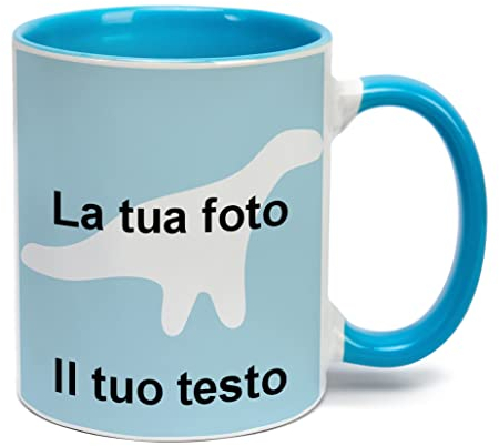 Tazza bianca con interno e manico colorato azzurro in ceramica personalizzabile con foto e testo.