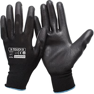 PROCERA Schutzhandschuhe X-TOUCH BLACK/WHITE Arbeitshandschuhe für Mechaniker Arbeitshandschuhe für Maler Gartenhandschuhe Komfortable Polyurethan-Handschuhe (Schwarz, 10 (12 Paar))