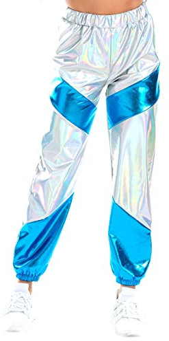 Damen Metallic Glänzed Hose Elastischer Sporthose Locker Holographische Sweathose Jogginghose Hologram Laser Baggyhose Disco Clubwear Hip Hop Punk Jogger Sweatpants Streetwear Laser Silber + Blau M