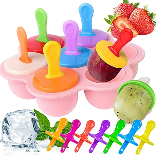 Ice Lolly Moulds, 7 Cavities Silicone Ice Lolly Moulds with Plastic Sticks, Reusable Popsicle Moulds and Storage Container for Homemade Food, Kids Ice Cream DIY Ice Pop Molds BPA Free (Pink)