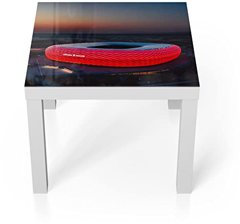 DEQORI Glastisch | weiß klein 55x55 cm | Motiv Allianz Arena, München | ausgefallener Beistelltisch aus Glas | Hochglanz Couchtisch fürs Wohnzimmer | moderner Couch Tisch mit Design