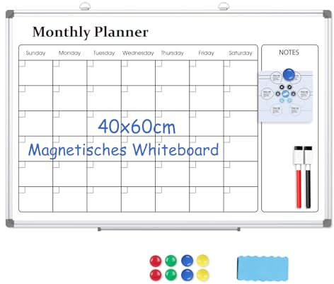 DOLLAR BOSS Magnettafet Monatlich Kalender Whiteboard, 40x60cm Magnetische Weiβe Tafel fur Wandaufhangung, 2 Stifte, 1 Stiftablage Radiergummi
