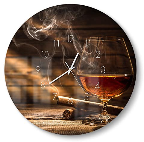 DEQORI Glasuhr | rund Ø 50 cm | Motiv Whiskeyglas und Zigarre | große XXL Design Uhr aus Glas | leise Wanduhr für Wohnzimmer & Küche | Moderne Hingucker Uhr für die Wand