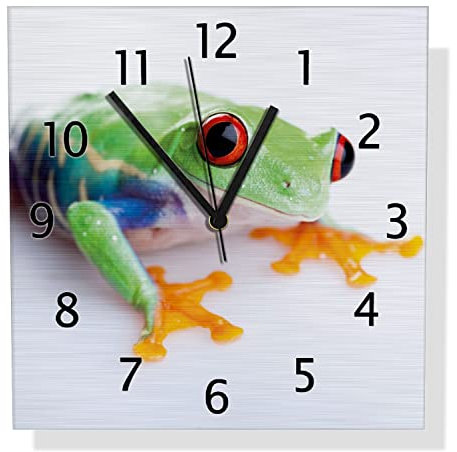 Wallario Design Wanduhr Lustiger Frosch in grün und orange aus Aluverbund, Alu-Uhr Größe 30 x 30 cm, Schwarze Zeiger mit Metalloptik