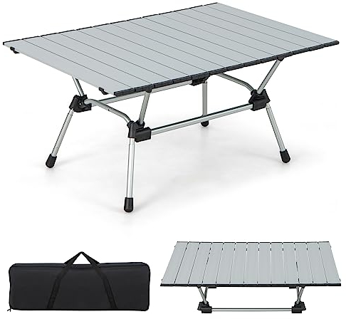 GOPLUS Mesa de Camping Plegable, Mesa Plegable de Aluminio para Exteriores para 4-6 Personas, 4 Niveles de Altura Ajustable, Mesas de Picnic Ligera con Bolsa de Transporte para Camping, Pícnic, Viajes