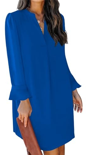 JOCAFIYE Frauen Kerbsche V-Ausschnitt Volant Langarm Casual Kurze Tunika Kleid Royal Blue L