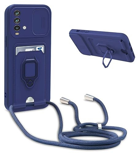 BGHHEU Funda Silicona con Cuerda para Xiaomi Redmi Note 9,Case con Ranura para Tarjetas,Cubierta de Cámara Deslizante Proteger,Ajustable Collar de Cuello Cadena con Anillo Soporte,Azul