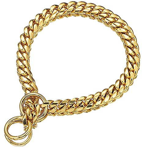 QWER Hundekettenhalsband mit Sicherer Schnalle 10 mm Breites Hundehalsband Kette Gold Kubanische, Schwerlast Kaubeständig Gehtrainingshalsband für Hunde (16inch)