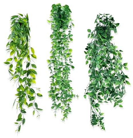 3 PCS Plante Artificielle Tombante, Plante Artificielle à Suspendre, Artificielle Lierre Grimpant Plante, Vert avec Pots Extérieure Intérieure Decoration pour Balcon, Cuisine, Jardin