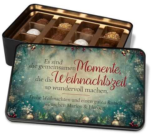 Vintage Pralinendose personalisiert „Gemeinsame Momente, die die Weihnachtszeit wundervoll machen“ – 12 Confiserie-Pralinen in Metalldose – Schoko Weihnachtskarte - Geschenk für Freunde & Familie