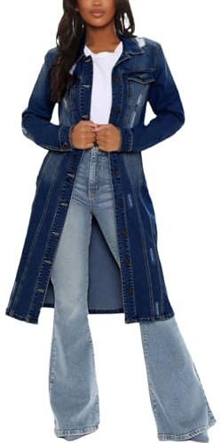 LUIFEL Trench da donna in denim aderente, con bottoni, lungo, giacca di jeans slim