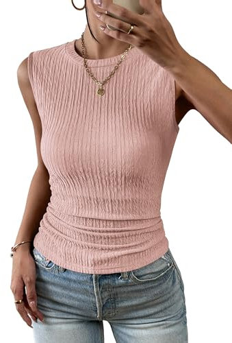 Hotouch Damen Tank Top Ärmellose Oberteile Sommer Rundhals Tanktops Slim Fit T Shirt Einfarbig Vest Tops Blasenfalten Blusentop Lotuswurzel Rosa L