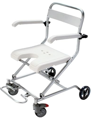 QTQHOME Folding Shower Chair, Heavy Duty Bath Chair with Arms & Back, Commode Toilet Chair with Wheels, Adjustable Height Bath Stool with Flip-up Footrest for Elderly Disabled