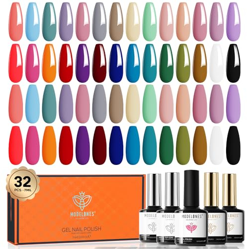 Modelones 32Pcs Uv Nagellack Set, 28 Farben Gel Nagellack mit Base Coat, Matte& Glossy& Glitter Top Coat,Schwarz Braun Rot Lila Gel Polish Set Soak Off Starter Nail Gel Kit Manicure Muttertag Gift,7ml