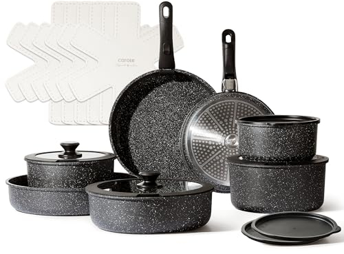 CAROTE 21pcs Detachable Handle Pots and Pan Set, Nonstick Induction Cookware, Removable Handle, RV Oven Safe Cookware, Midnight Black, A07995