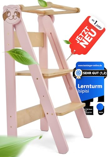 isipisi Lernturm ab 1 Jahr [Montessori] höhenverstellbarer Kinderturm – spielerisch motorische Fähigkeiten fördern – Steh- und Lern-Turm klappbar, Learning Tower, Faltbare Kindertreppe