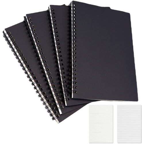 KUIZHEN A5 Spirale Notizblock, 4 Stück Notizheft Notizblock mit Spiralbindung 120 Seiten/60 Blatt 210x145mm Notizbuch für Reisen Memos Büro Schule Handlettering Schwarz
