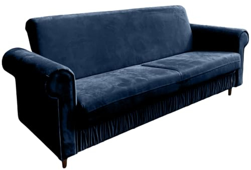 Ares Meble Sofa Karen - Sofa 3 Sitzer - Schlafsofa mit Bettkasten - Couch Schlaffunktion - Wohnzimmer Möbel - Samt - Dunkelblau - Beine Walnußholz