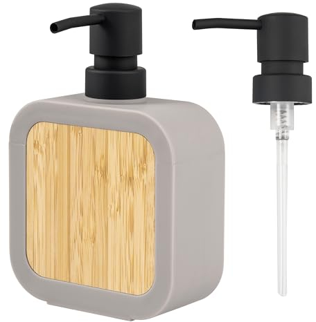 eluno nachfüllbarer Seifenspender mit Soft-Touch Oberfläche aus Kunststoff mit Bambus, für bis zu 300 ml Flüssigseife, Spülmittelspender, inkl. Ersatzpumpkopf & Eva Pads gegen Kratzer (Taupe)