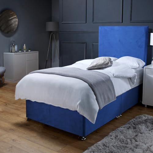 Savako 3ft Single Divan Bed with Mattress Included, Adults + Children Suited (Padded Headboard + Single Bed with Mattress Included) (90cm x 190cm) Blue Plush