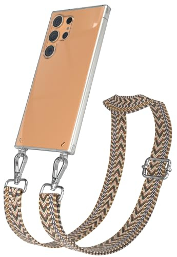 EAZY CASE Handykette - Verstellbares Taschenband kompatibel mit Galaxy S24 Ultra, Schulterriemen, Handykordel mit Silikon Hülle, Umhängetasche, Braun Silber