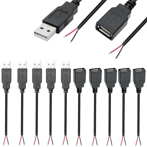 VISSQH 5 Paar(10 Stück) USB Stecker & Buchse Pigtail Kabel,USB Stecker Lötbar 2 pin Bare Wire,USB 2.0 Stecker blankes Kabel Pigtail für USB-Geräte installiert oder DIY ersetzen Reparatur (30cm)