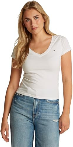 Tommy Jeans Camiseta de Manga Corta Mujer Slim con Cuello de Pico, Blanco (Ecru), S