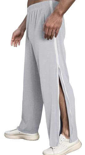 FEOYA Trainingshose Herren Reha Hose Durchgehendem Reissverschluss Jogginghose Lose Passform Seitlich zu öffnen Sporthose Abreißhose Freizeithose Sportswear mit Tasche Hellgrau M
