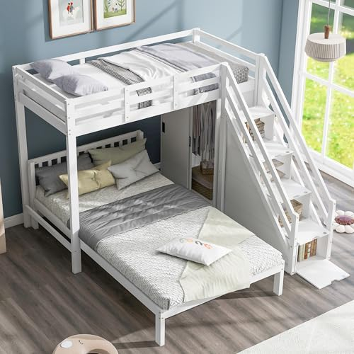 Dolamaní Hochbett Etagenbett mit Schrank, 2 Betten Lattenrost, Multifunktionales Kinderbett mit Stauraum Treppe, Weiß (90x200 cm+120x200 cm)