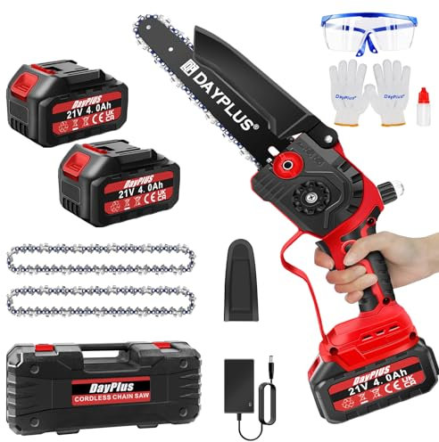 8000mAh Mini tronçonneuse sans fil 8 pouces, puissante batterie électrique d'une durée de vie de 80-100 minutes tronçonneuse avec 2 chaînes de tronçonneuse et guide-chaîne, verrouillage de sécurité