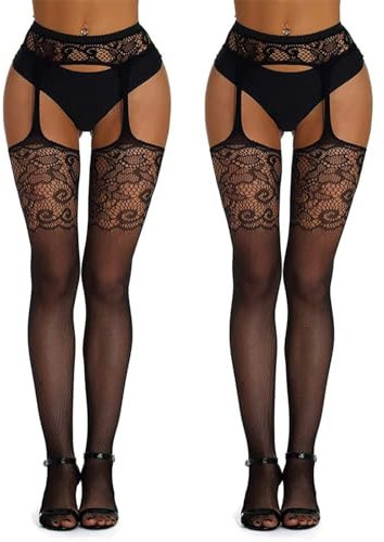 Medias De Tirantes para Mujer, 2 Pcs Medias Liguero Sexy Mujer, Medias De Cintura Alta con Tirantes, Medias De Red para Mujer, Medias De Red Liguero Cintura Alta, Medias De Liguero, Medias De Rejilla
