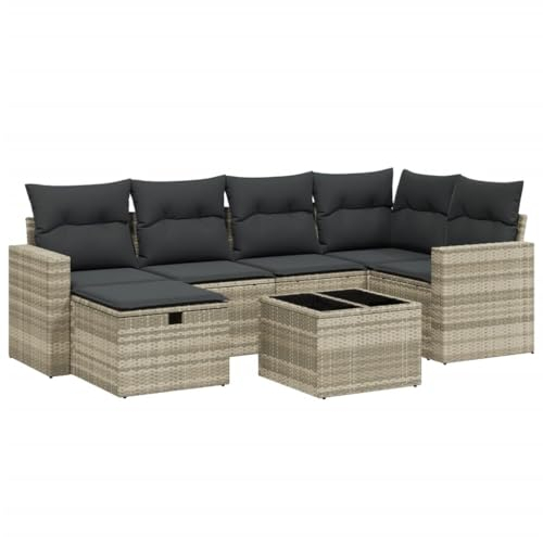 vidaXL Garten Sofa Garnitur 7-TLG., Gartenmöbel Set mit Kissen, Sitzgruppe für Garten Terrasse, Modular Gartensofa Lounge Tisch Hocker, Hellgrau Poly Rattan