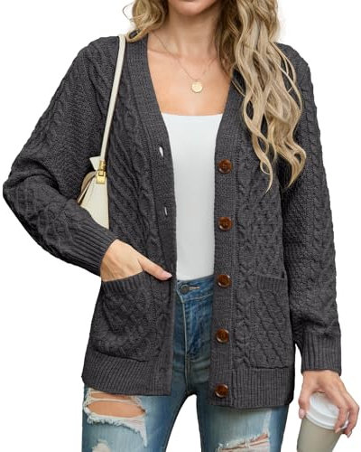 GRECERELLE Womens Cardigans Knit Ladies Long Sleeve Button Down Oversized Aran Cable Knitted Jumper Cardigan Knitwear with Pockets (Dark Grey,L)