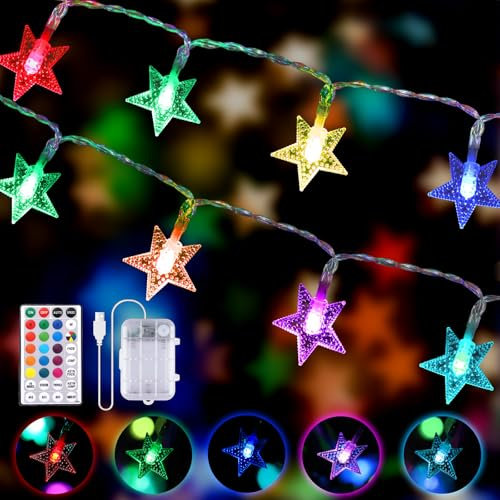 Lecone LED Lichterkette Stern Innen Batterie & USB, 16 Farben 8 Modi Kupferdraht Lichterkette für Zimmer mit Fernbedienung Timer, 6M 50 LED Lichterkette Batteriebetrieben für Schlafzimmer Party