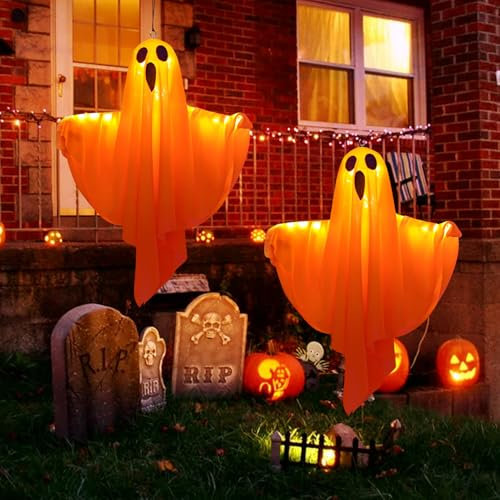 Halloween Deko Geist, Halloween Deko Hängende Geister mit LED Licht, Halloweendeko Outdoor Leuchtende Geist Batteriebetrieb, Hängende Geister Dekoration für Vorgarten Garten Party (Orange x 2)