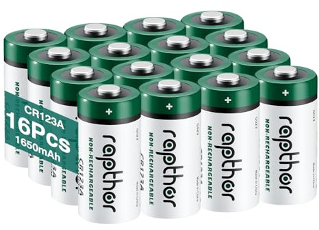 Rapthor CR123A 3V 1650mAh Lithium ion Batteries 16 Pack, Replacement for CR123 CR123A CR17345, for Flashlights, Cameras, Smoke Detectors, Security and Smart Home Devices, Non-Rechargeable