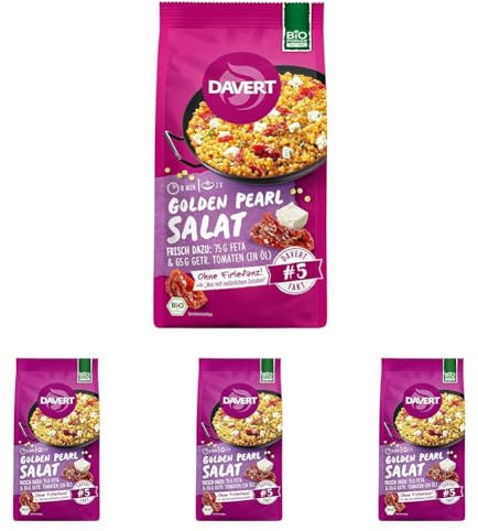 Davert Golden Pearl Salat 170g – Edler Couscous in Perlenform, mediterrane Gewürze mit getrockneten Tomaten in Öl – 100% Davert Bio-Qualität (1 x 170g) (Packung mit 4)