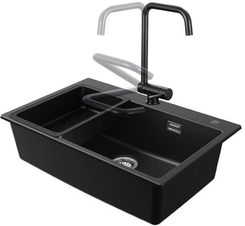 CECIPA Évier de cuisine noir avec robinet de cuisine pliable à 180°, 70 x 45 cm, en granit, avec bonde et trop-plein, évier de cuisine, encastrable à partir de 80 cm de largeur d'armoire, évier de