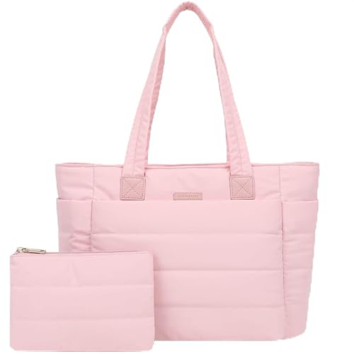 WZLMOUAO Puffer Tote Bag für Frauen, leichte bauschige Umhängetasche mit Fächern, gesteppte Handtasche für Arbeit, Reisen, Fitnessstudio, Pink