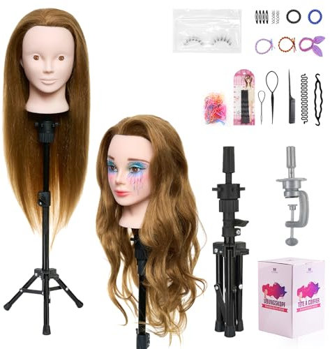 Neverland Beauty 24 inch Training Heads for Hairdressing 80% Real Human Brown Hair styling head with Wig Stand Tripod Hair Styling Braid Accessoires Set(Brown)
