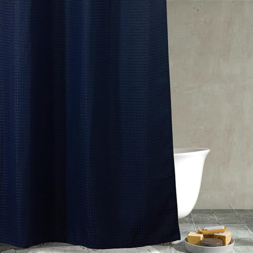 Rideau de douche gaufré bleu marine : rideau de douche en tissu texturé robuste pour salle de bain - Imperméable et lavable en tissu polyester épais - 183 x 200 cm de hauteur