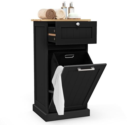 GIANTEX Meuble Salle de Bain avec Panier à Linge, Meuble Linge Salle avec Tiroir, Plateau en Bambou, Poignée, Sac à Linge Amovible 38 L, Armoire Toilette sur Pied Charge 50 KG, 40 X 37 X 82 CM (Noir)