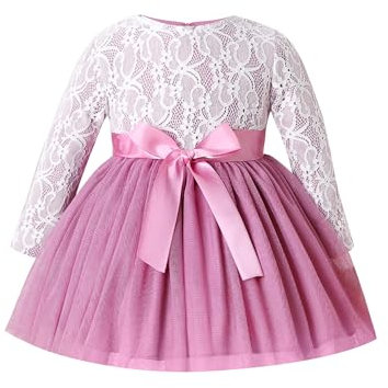 FYMNSI Vestito da battesimo per bambini, a maniche lunghe, in tulle, Rosa/Viola, 9-12 Mesi
